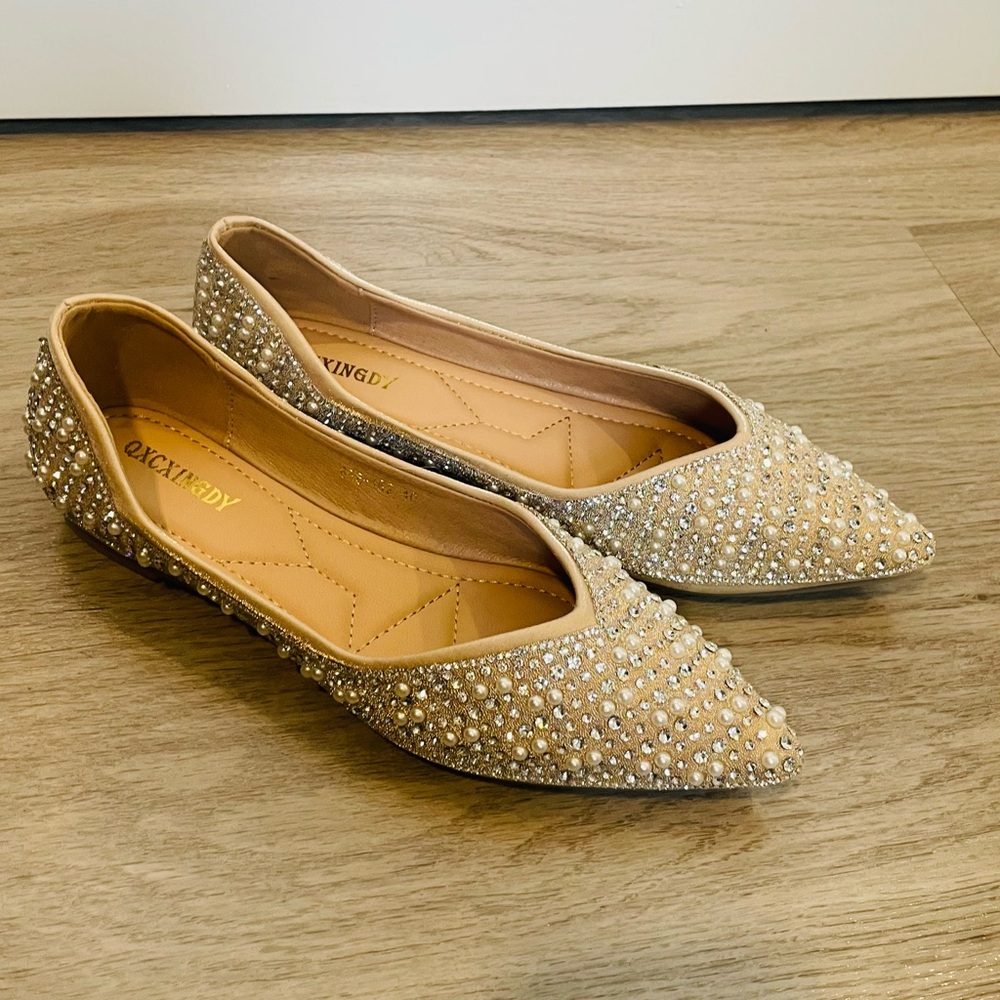 Rhinestone Embellished Beige Flats by
